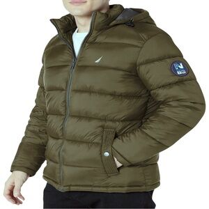 Nautica Men's XXL 2XL Puffer Jacket N83 Zip Removable Hood Water Resistant Green